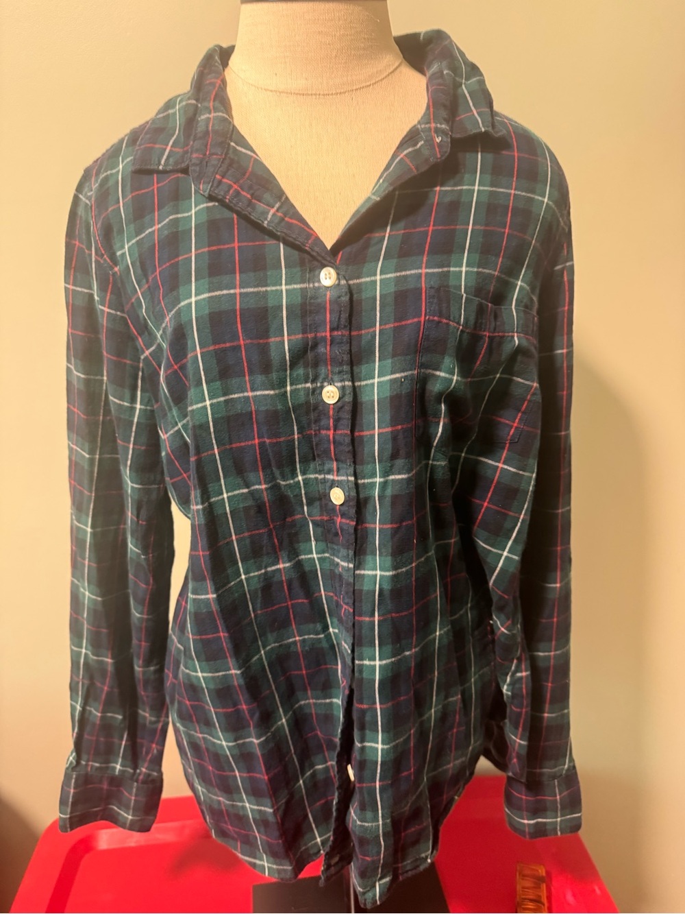 J. Crew Navy and Green Plaid Button-Down Shirt